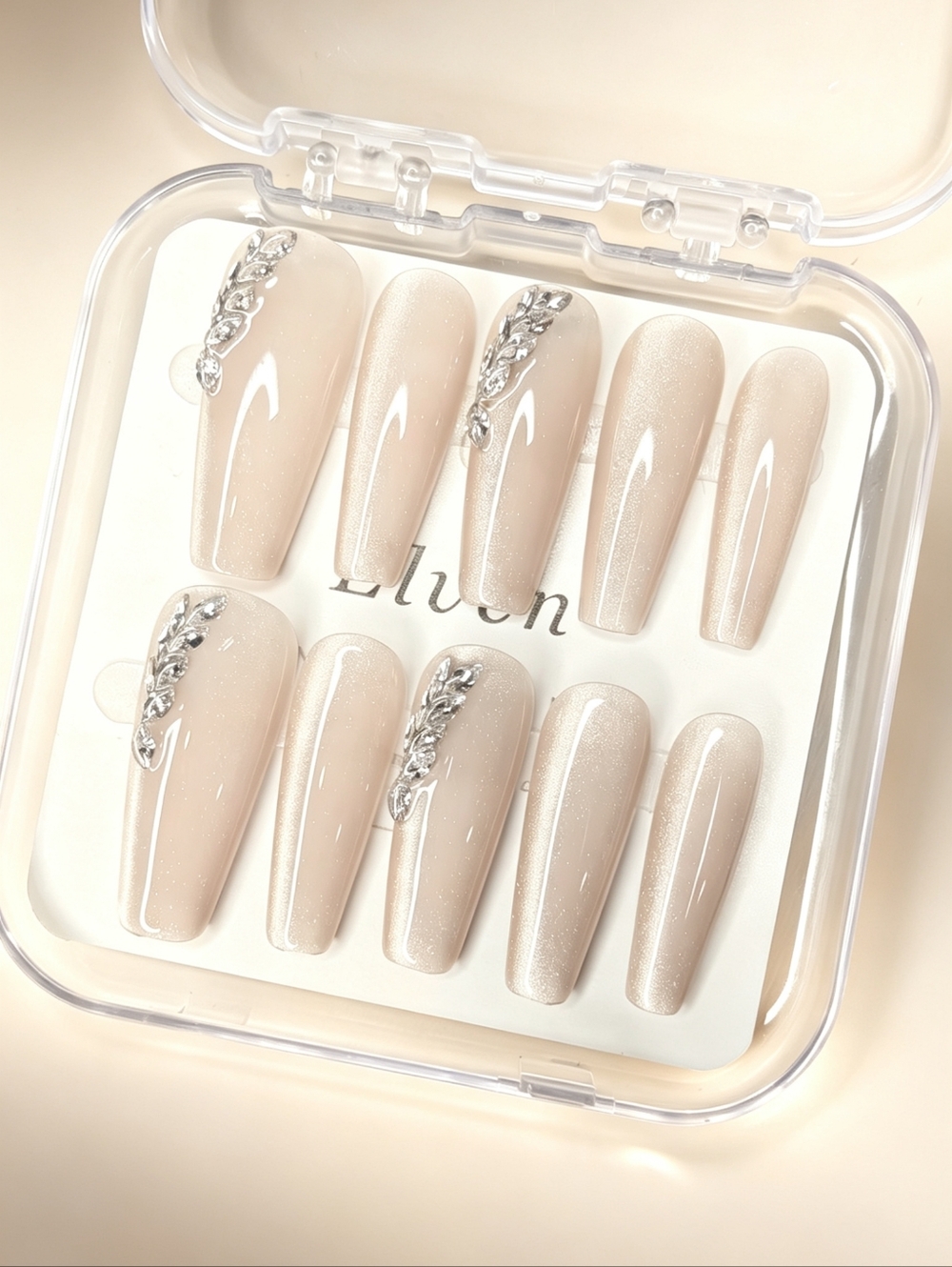 Elegant Cream Cat Eye Handmade Press On Nails with Rhinestone Long Coffin